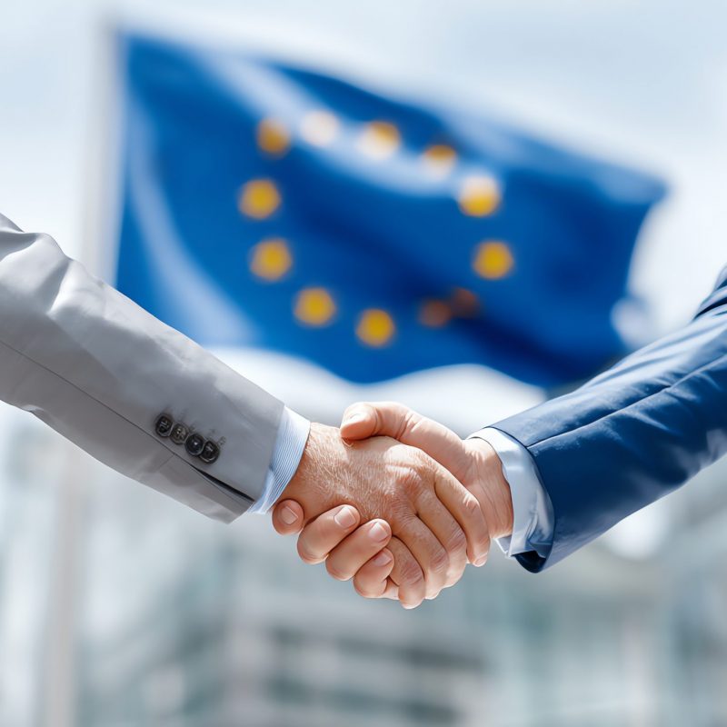 handshake in front of european flag, AI generated image